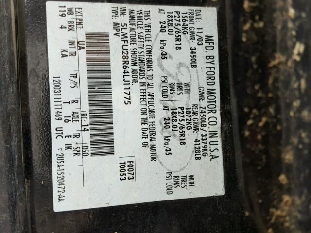 5LMFU28R64LJ11775 - 2004 LINCOLN NAVIGATOR Czarny zdjęcie 10