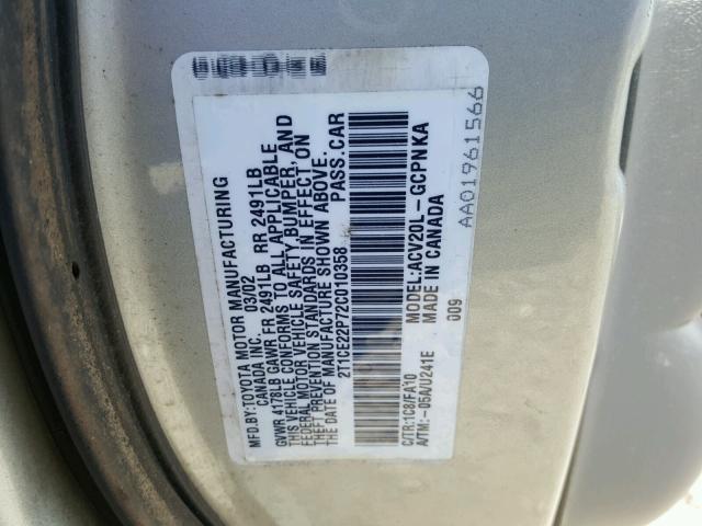 2T1CE22P72C010358 - 2002 TOYOTA CAMRY SOLA SILVER photo 10