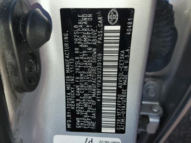 4T1BF1FK3EU339109 - 2014 TOYOTA CAMRY L SILVER photo 10