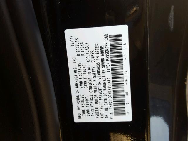 1HGCT1B7XGA011467 - 2016 HONDA ACCORD EX BLACK photo 10