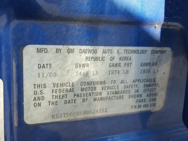 KL1TD66E69B624112 - 2009 CHEVROLET AVEO LS BLUE photo 10