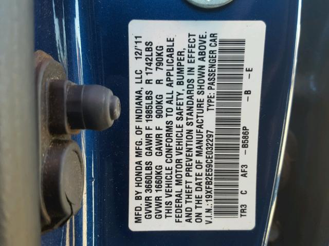 19XFB2E59CE032297 - 2012 HONDA CIVIC LX BLUE photo 10