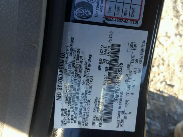 3FAHP07Z49R138386 - 2009 FORD FUSION SE BLACK photo 10