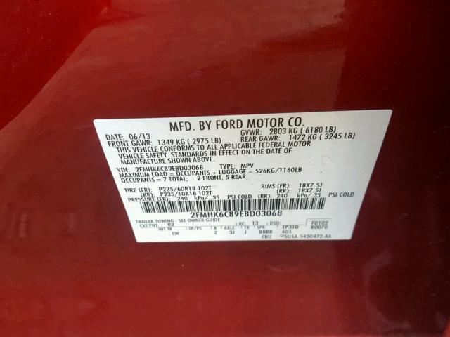 2FMHK6C89EBD03068 - 2014 FORD FLEX SEL BURGUNDY photo 10