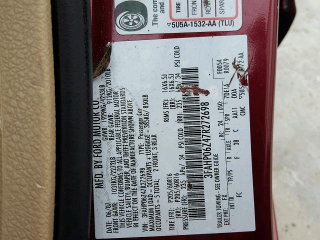 3FAHP06Z47R272698 - 2007 FORD FUSION S BURGUNDY photo 10