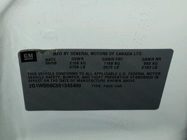 2G1WD58C581343499 - 2008 CHEVROLET IMPALA SUP 白色 照片 10