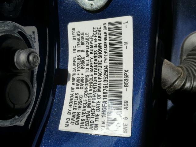 1HGFA16876L052504 - 2006 HONDA CIVIC EX ლურჯი ფოტო 10