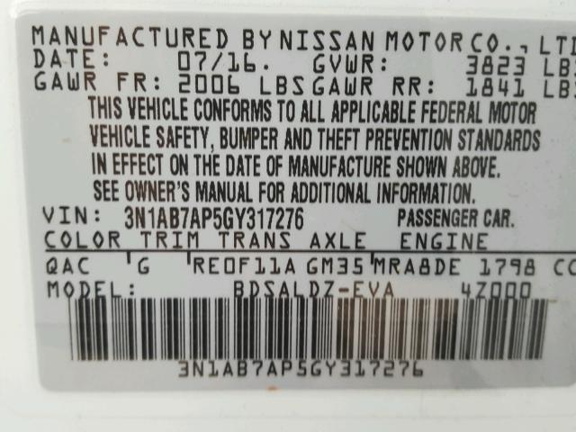 3N1AB7AP5GY317276 - 2016 NISSAN SENTRA S WHITE photo 10