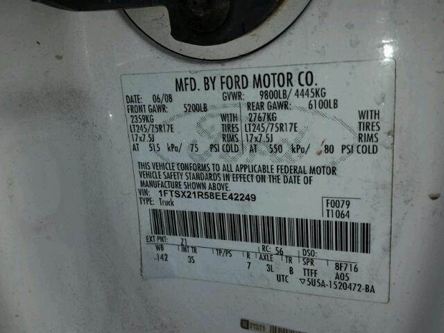 1FTSX21R58EE42249 - 2008 FORD F250 SUPER WHITE photo 10