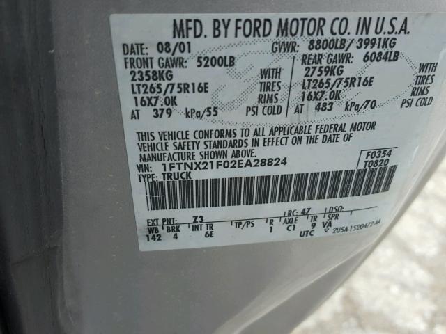 1FTNX21F02EA28824 - 2002 FORD F250 SUPER SILVER photo 10