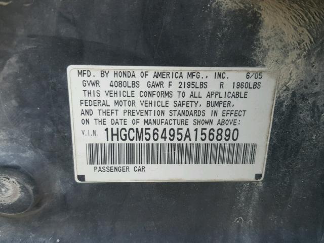 1HGCM56495A156890 - 2005 HONDA ACCORD LX CHARCOAL photo 10