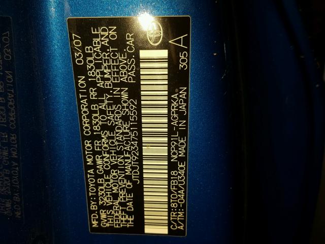 JTDJT923475115592 - 2007 TOYOTA YARIS BLUE photo 10