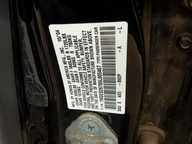 1HGES26765L005467 - 2005 HONDA CIVIC EX BLACK photo 10