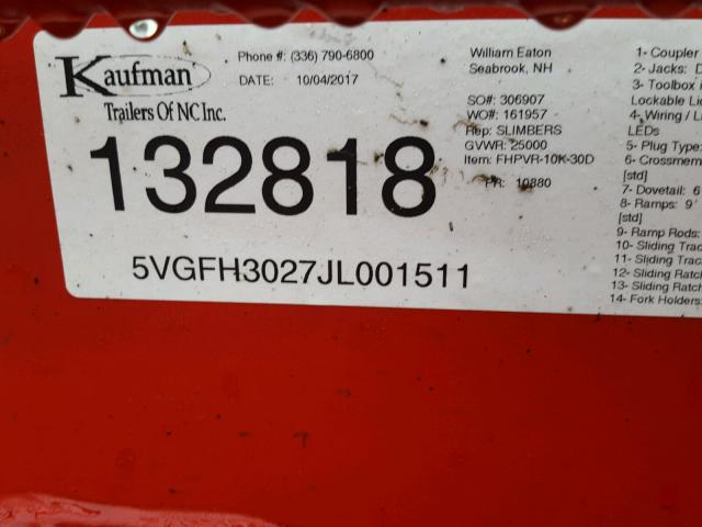 5VGFH3027JL001511 - 2018 KAUFMAN CAR HAULER RED photo 10