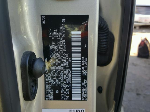 JTJBT20XX80166351 - 2008 LEXUS GX 470 GOLD photo 10