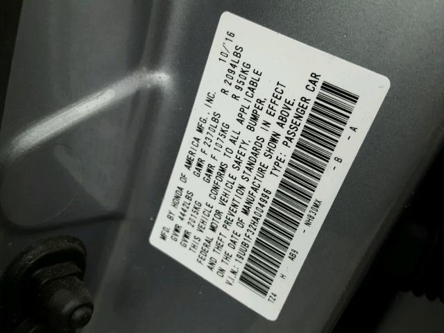 19UUB1F32HA004996 - 2017 ACURA TLX GRAY photo 10