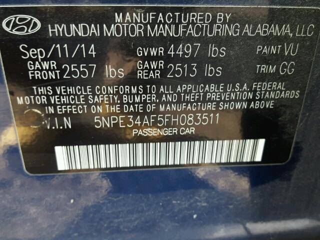 5NPE34AF5FH083511 - 2015 HYUNDAI SONATA SPO BLUE photo 10