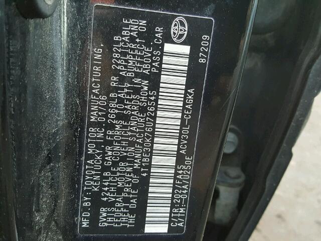 4T1BE30K76U726545 - 2006 TOYOTA CAMRY LE BLACK photo 10