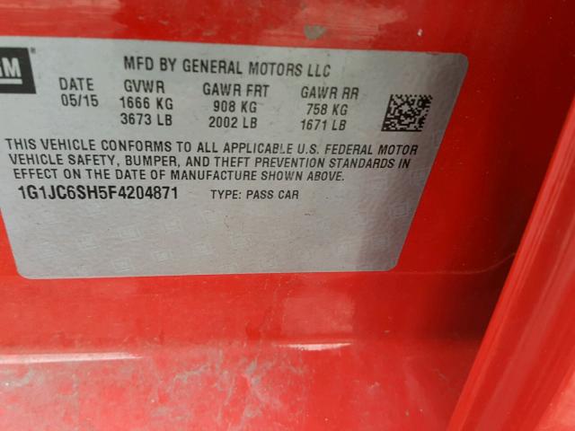 1G1JC6SH5F4204871 - 2015 CHEVROLET SONIC LT RED photo 10