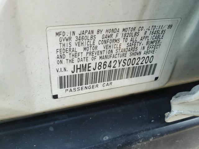 JHMEJ8642YS002200 - 2000 HONDA CIVIC EX WHITE photo 10