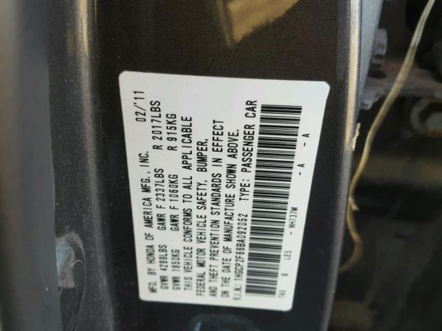 1HGCP2F66BA092052 - 2011 HONDA ACCORD SE CHARCOAL photo 10