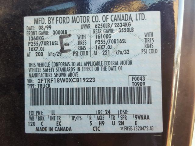 2FTRF18W0XCB19223 - 1999 FORD F150 BLACK photo 10