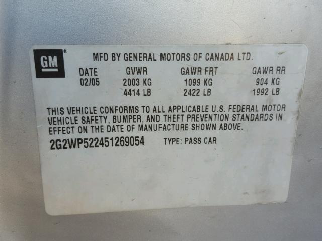 2G2WP522451269054 - 2005 PONTIAC GRAND PRIX SILVER photo 10