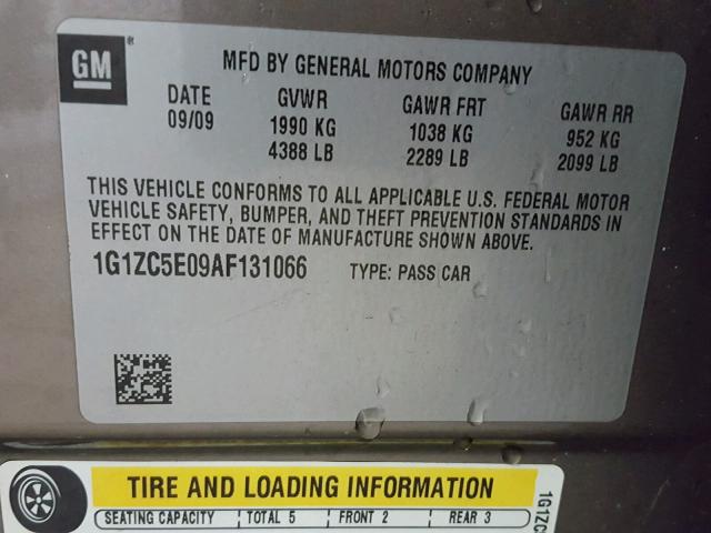 1G1ZC5E09AF131066 - 2010 CHEVROLET MALIBU 1LT GRAY photo 10