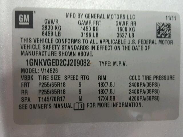 1GNKVGED2CJ209082 - 2012 CHEVROLET TRAVERSE L SILVER photo 10