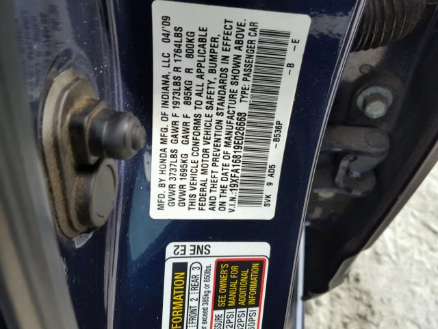 19XFA16819E026668 - 2009 HONDA CIVIC EX BLUE photo 10