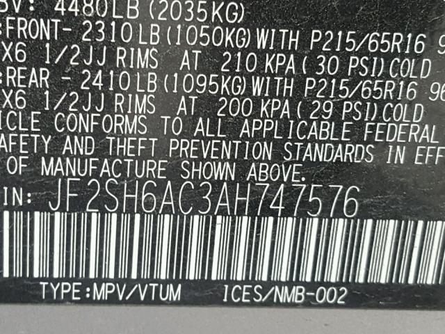 JF2SH6AC3AH747576 - 2010 SUBARU FORESTER 2 GRAY photo 10