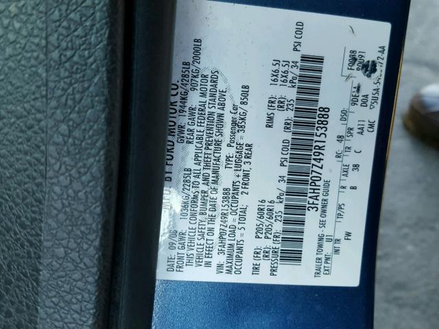 3FAHP07Z49R153888 - 2009 FORD FUSION SE BLUE photo 10