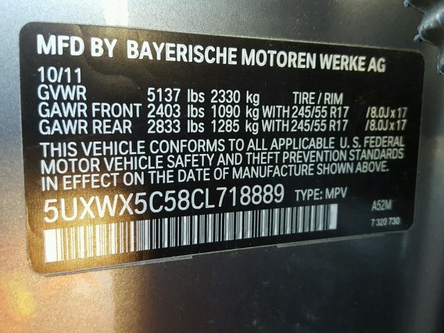 5UXWX5C58CL718889 - 2012 BMW X3 XDRIVE2 GRAY photo 10