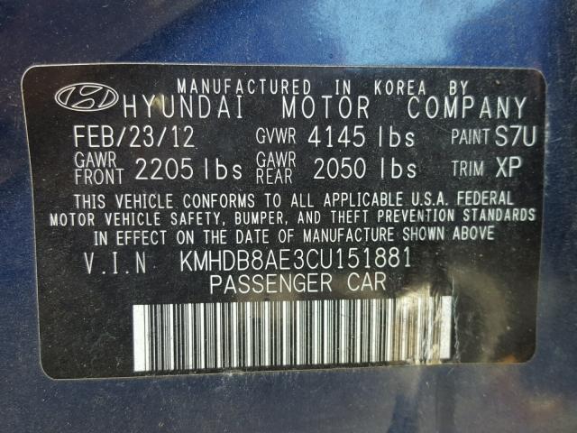 KMHDB8AE3CU151881 - 2012 HYUNDAI ELANTRA TO BLUE photo 10