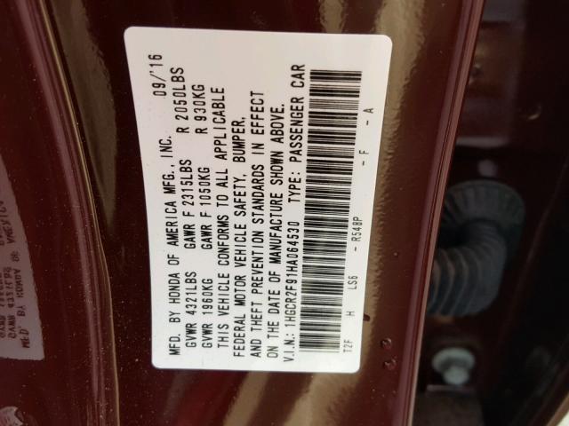 1HGCR2F91HA064530 - 2017 HONDA ACCORD EXL BURGUNDY photo 10