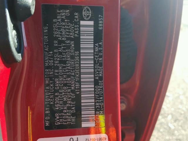 4T1BF1FK3EU833616 - 2014 TOYOTA CAMRY L RED photo 10