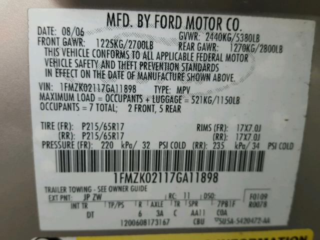 1FMZK02117GA11898 - 2007 FORD FREESTYLE GRAY photo 10