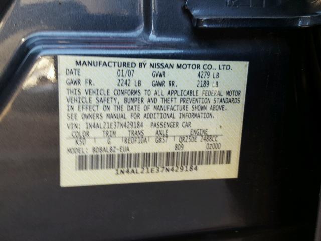 1N4AL21E37N429184 - 2007 NISSAN ALTIMA 2.5 GRAY photo 10