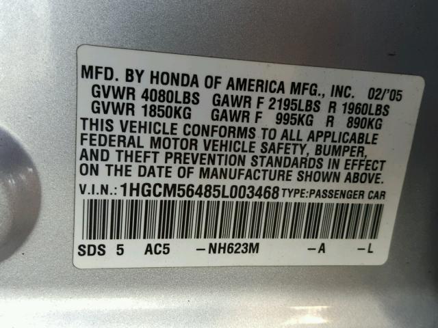 1HGCM56485L003468 - 2005 HONDA ACCORD LX SILVER photo 10