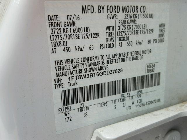 1FT8W3BT6GED37828 - 2016 FORD F350 SUPER WHITE photo 10