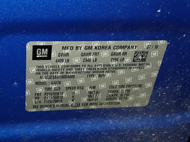 KL4CJESB8HB004605 - 2017 BUICK ENCORE PRE BLUE photo 10