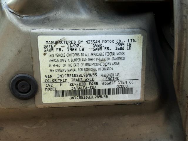 3N1CB51D33L789695 - 2003 NISSAN SENTRA XE TAN photo 10