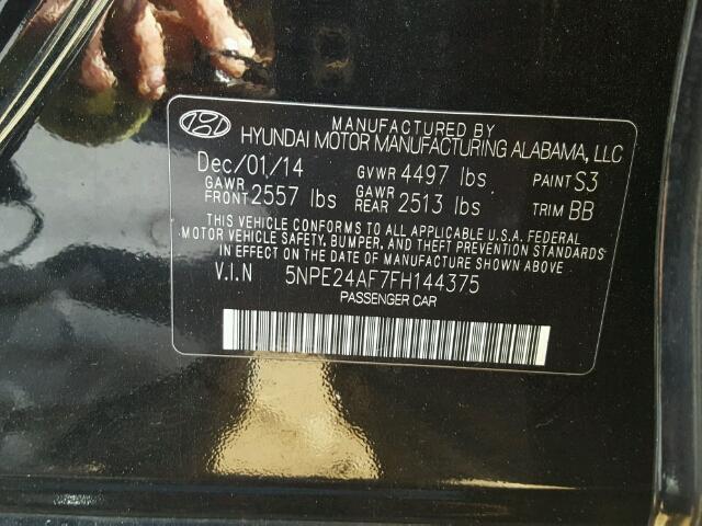 5NPE24AF7FH144375 - 2015 HYUNDAI SONATA SE BLACK photo 10