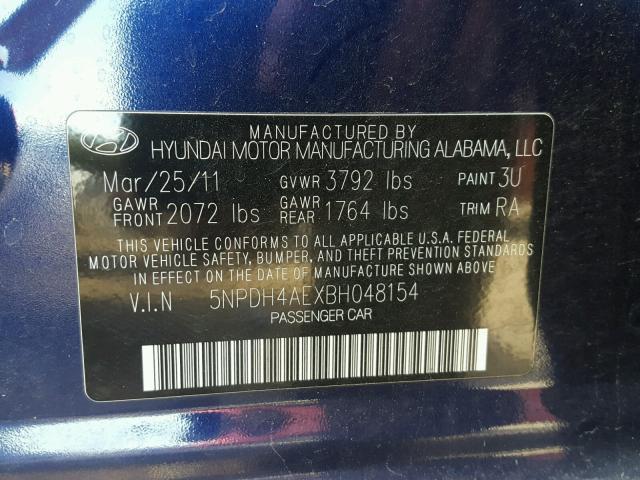 5NPDH4AEXBH048154 - 2011 HYUNDAI ELANTRA GL BLUE photo 10