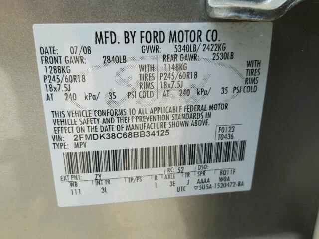 2FMDK38C68BB34125 - 2008 FORD EDGE SEL SILVER photo 10