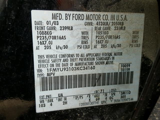 1FMYU93103KC34160 - 2003 FORD ESCAPE XLT BLACK photo 10