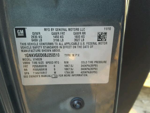 1GNKVGED6BJ250510 - 2011 CHEVROLET TRAVERSE L GRAY photo 10