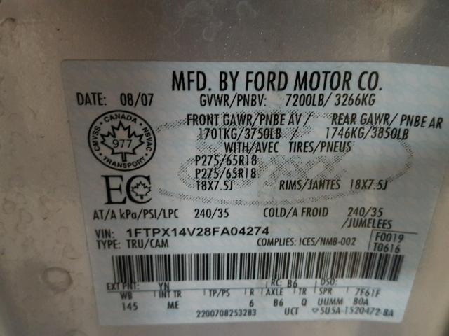 1FTPX14V28FA04274 - 2008 FORD F150 SILVER photo 10