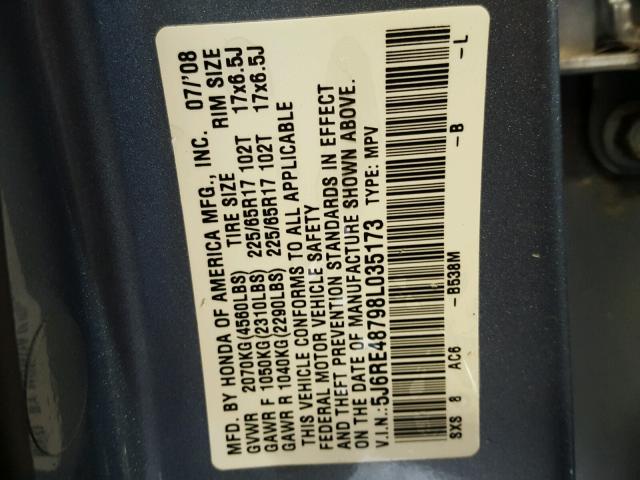 5J6RE48798L035173 - 2008 HONDA CR-V EXL 银色 照片 10