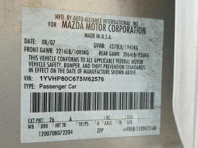 1YVHP80C675M62576 - 2007 MAZDA 6 I SILVER photo 10